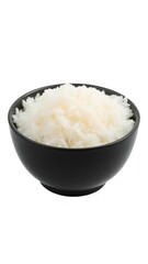 A bowl of freshly steamed white rice in a black bowl, ideal for various culinary presentations. Perfect Any Project.