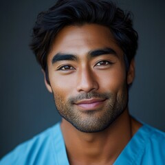 Obraz premium A portrait of a young male intern in a blue medical uniform, set against a hospital background, depicted as a healthcare icon