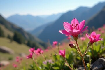 Pink Clarkia bottae flowers in the San Rafael Mountains landscape, herb, nature