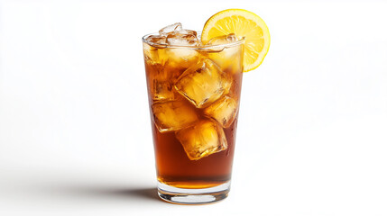 Tall Glass of Golden Iced Tea with Ice Cubes and Lemon Slice