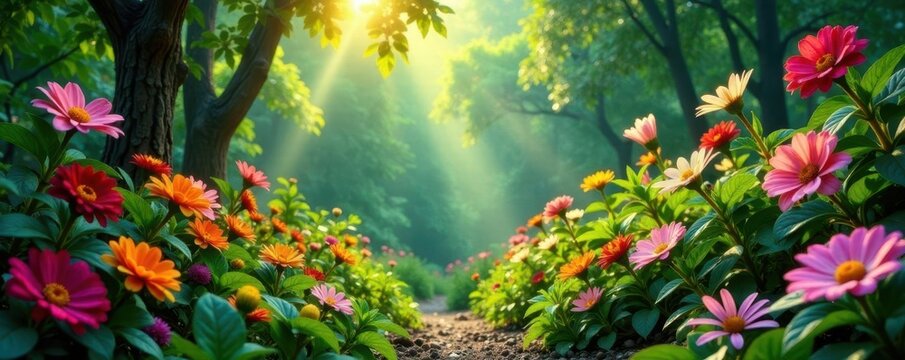 Whispers of wind carry scents of exotic flowers in an overgrown garden, wind, flowers, scents