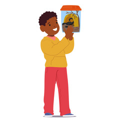 Cute elementary age boy child cartoon character showcasing his new friend scorpion in aquarium