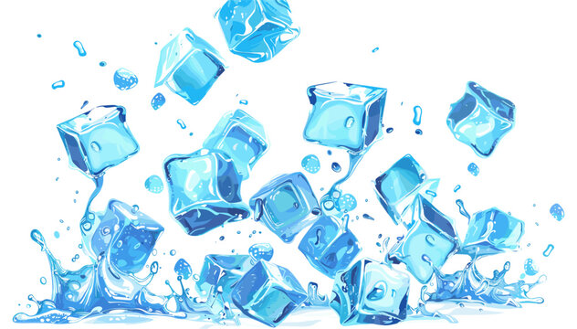 Fresh blue ice cubes falling and splashing, vector ice cubes with water splash, isolated on white or transparent PNG, cold drink splash, frozen water, cool effect, ice block