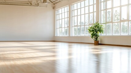 Obraz premium Sunny studio interior, hardwood floor, large windows, plant. Ideal for yoga, dance, or fitness