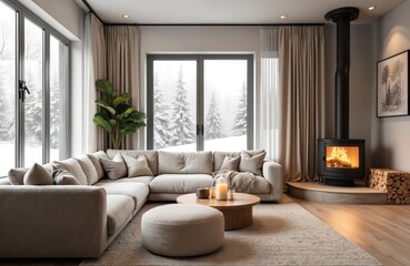 Fototapeta premium Contemporary apartment living room interior with beige couch, pillows, and a wooden table on a carpet. A fireplace burns, snow covered trees visible through the window, earthtone color home design.