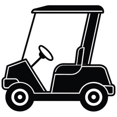 Stylized Black and White Vector Illustration of a Golf Cart, Side View of a Golf Vehicle with Steering Wheel and Seat, Simple Line Art Design for Sports, Travel, and Outdoor