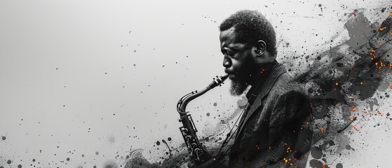 saxophonist playing the saxophone black and white