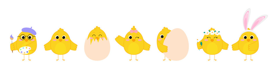 Set of little cute Easter chickens. Little chicks characters collection. Vector illustration