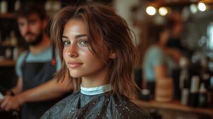 Fototapeta premium Woman with a Fresh Haircut in Salon