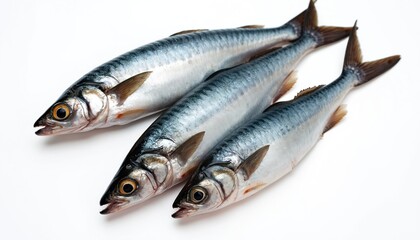 Three raw sardines lie on white. Fresh oily sea fish with scales, fins, tails used in culinary recipes. Seafood ingredient for healthy diet, rich in omega-3.