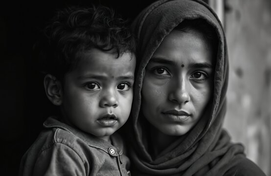Monochrome portrait of sad woman holding child. Ethnic mother with baby wearing traditional clothes with sorrowful expression, looking at camera. Poverty awareness, motherhood love concept. Rural
