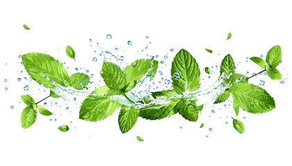 Vector mint leaves with splashing water drops, herbal, fresh, green, organic, natural, peppermint, realistic, plant, refreshing, essence, botanical, isolated on white or transparent PNG, © aura studio