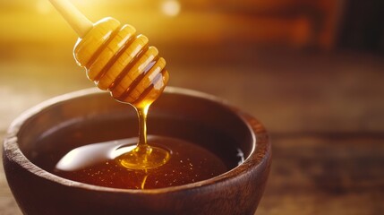Golden Honey Dripping from Wooden Dipper into Bowl at Sunset