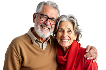 Portrait of happy senior couple embracing, isolated on transparent background. Use for senior care, retirement, family, or relationship themes.