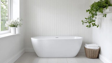 Modern white bathtub in a bright, minimalist bathroom with plants. Use for interior design, bath product showcase, or home decor