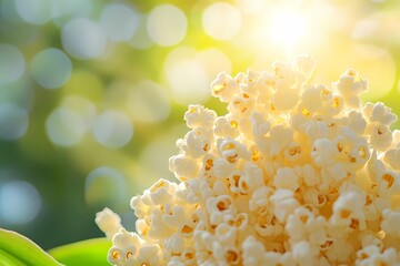 Scattered popcorn kernels isolated on a clean backdrop, providing a detailed close-up of a crunchy movie snack, ideal for food advertisements, book illustration style