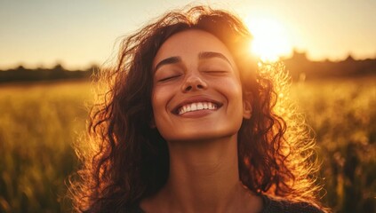 Golden Hour Happiness: A Woman's Radiant Smile in a Sun-Drenched Field