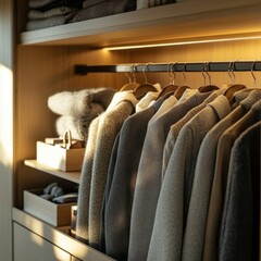 Obraz premium Cozy Minimalist Wardrobe Featuring Soft Textiles and Organizing Solutions
