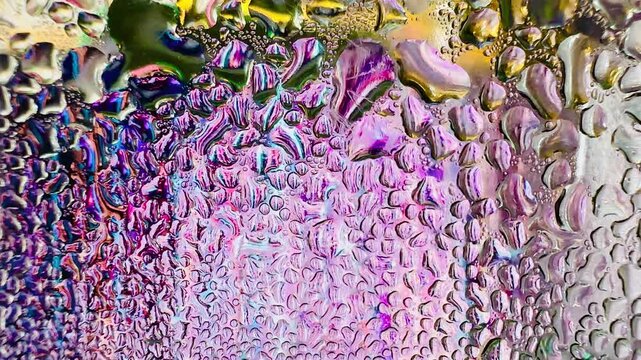 Close-up of water drops on metal surface in high resolution showing condensation of water droplets on metal surface. Intricate patterns and different sized water droplets create a beautiful abstract