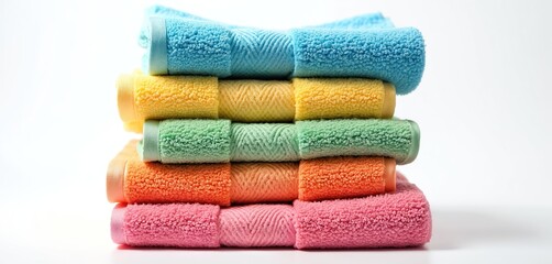 Stack of multi colored soft cotton towels isolated on white background. Rolled colorful towel heap in pastel colours for bathroom interior, spa or domestic use, hygiene and laundry.