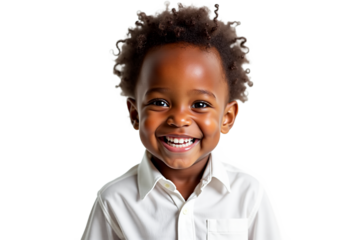 Smiling African American baby boy portrait in white shirt, isolated on transparent background. Cheerful kid laughing, perfect for children's content, ads, and family themes.
