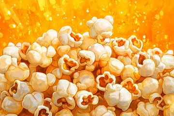 Scattered popcorn kernels isolated on a clean backdrop, providing a detailed close-up of a crunchy movie snack, ideal for food advertisements, book illustration style