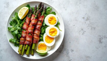 Top view of bacon wrapped asparagus with boiled eggs and greens on plate. Healthy diet food rich of protein and vitamins for Keto breakfast. Italian lunch.