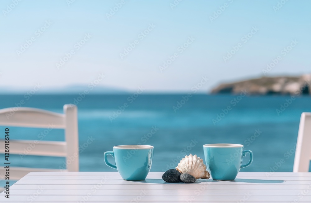 Poster a close-up photograph of two light blue mugs and seashells on a table, with white chairs facing the 