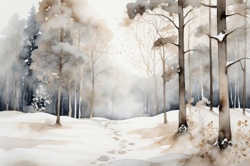 Snowy winter landscape with trees and footsteps in serene natural setting