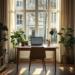 Fototapeta premium Bright and Inviting Home Office with Natural Light and Plants