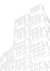 Abstract Geometric Architecture. Futuristic Minimalist Structures with Wireframe and Mesh