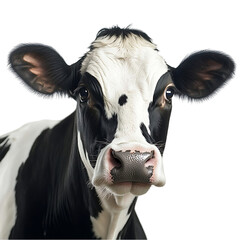 Close-up portrait of a curious young black and white cow.