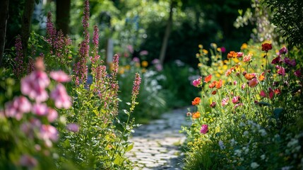 Beautiful english garden with flowers in bloom in the sun colorful