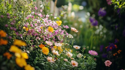 Fototapeta premium Beautiful english garden with flowers in bloom in the sun colorful
