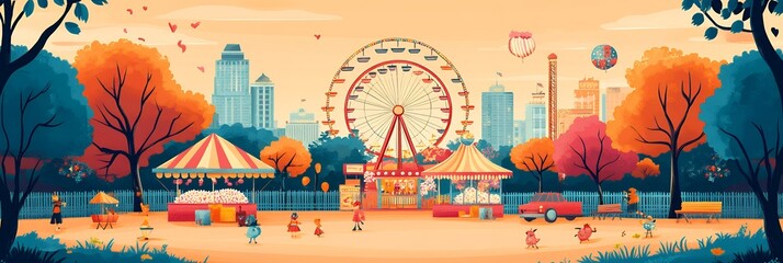 A vibrant autumnal city park hosts a cheerful funfair, perfect for National Fun Day. Children and adults enjoy the Ferris wheel, cotton candy, and festive atmosphere