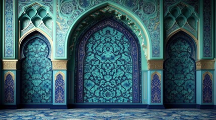 Obraz premium Do a backdrop for a quran competition. Use colors dark blue and green. Make it a portrait of 3.5ft width 7ft height