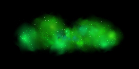 Realistic texture of mystical smoke in the background, with green fog swirling and sparkling with glowing particles, as starry neon magic dust shimmers throughout.