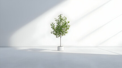Obraz premium Small Green Tree in White Pot Minimalist Interior Setting