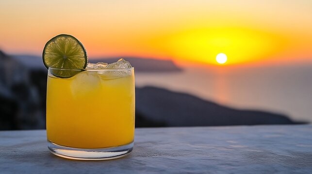 Sunset cocktail, Greece, ocean view, summer drink