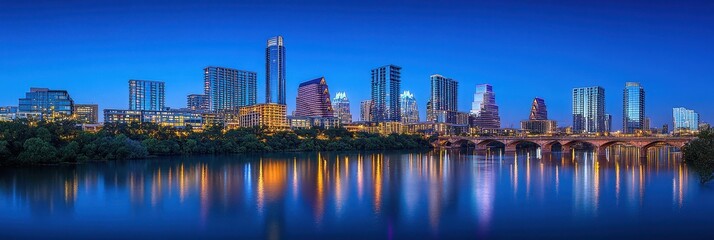 Fototapeta premium Evening Glow Over Austin: Captivating Skyline with Architectural Marvels and Urban Charm