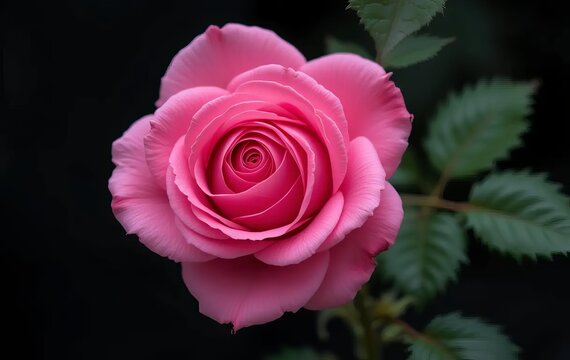 A close-up photo of a pink rose on a black background
