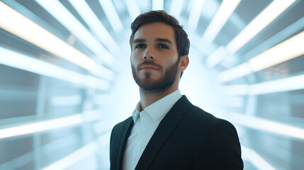 Fototapeta premium Futuristic ai-driven company leader modern office professional portrait sleek environment empowered viewpoint innovation concept