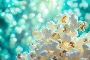 A bucket of fluffy popcorn with buttery highlights, ready for a cozy film night or entertainment design concept, great for creative advertising, book illustration style