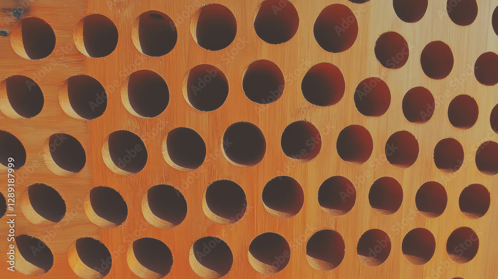 Poster abstract geometric pattern of densely packed holes on smooth wooden surface
