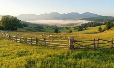 Morning mist rolls through a valley of yellow wildflowers, enclosed by a rustic wooden fence. Sheep graze peacefully in the distance, with mountains