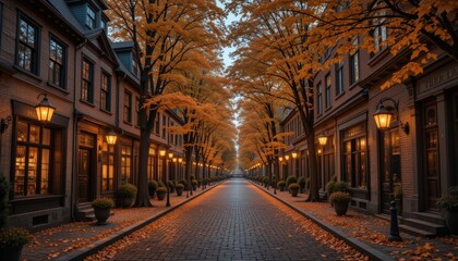 Obraz premium The Tranquil Nature of Autumn Background with Golden Leaves Falling Gently Red and Orange Trees Lining a Peaceful Pathway and Warm Sunlight Casting a Soft Glow Creating a Beautiful and Cozy Seasonal O