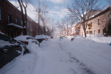 View on a snow-covered street with cars parked