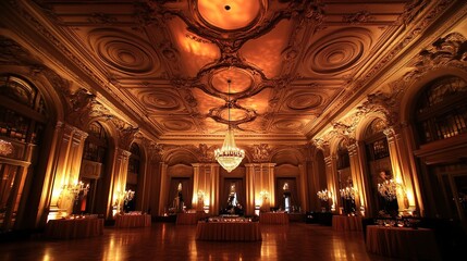 Obraz premium A glamorous luxury hotel ballroom with intricate ceiling designs and soft lighting.