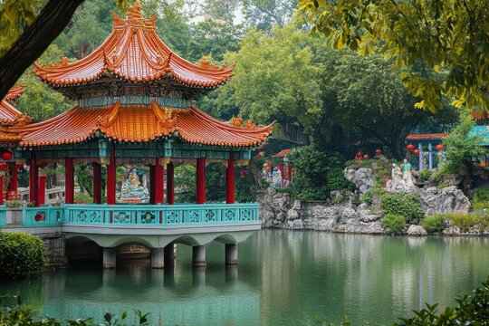 Enchanting Chinese Pagoda and Pavilion by Serene Lake: A Journey Through Mythology and Folklore at Haw Par Villa