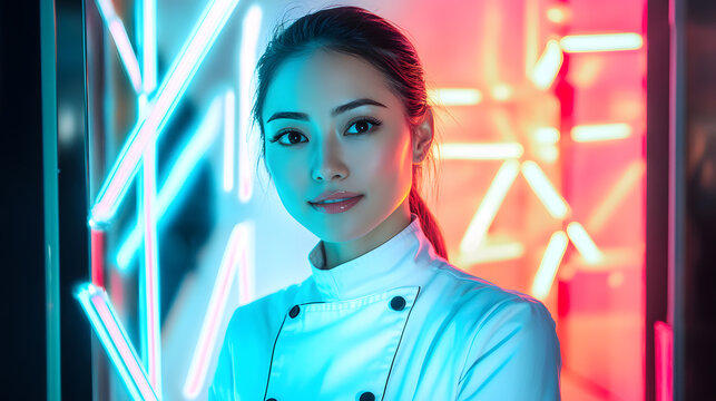 Futuristic personal branding portrait of chef neon-lit studio professional photography urban environment close-up creative concept